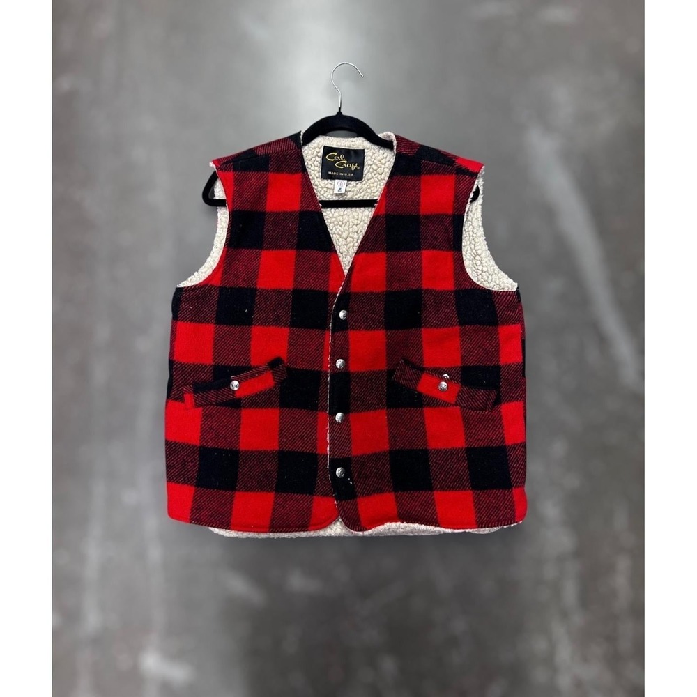 Cal Craft Mens Vintage Sherpa Lined Wool Vest M  Red Black Plaid Snap Button USA